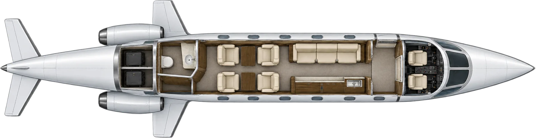 Top-down view of a IAI 1124 Westwind cabin. Typical 7-passenger layout: a club of four, a three-place divan opposite a refreshment galley, aft lavatory.