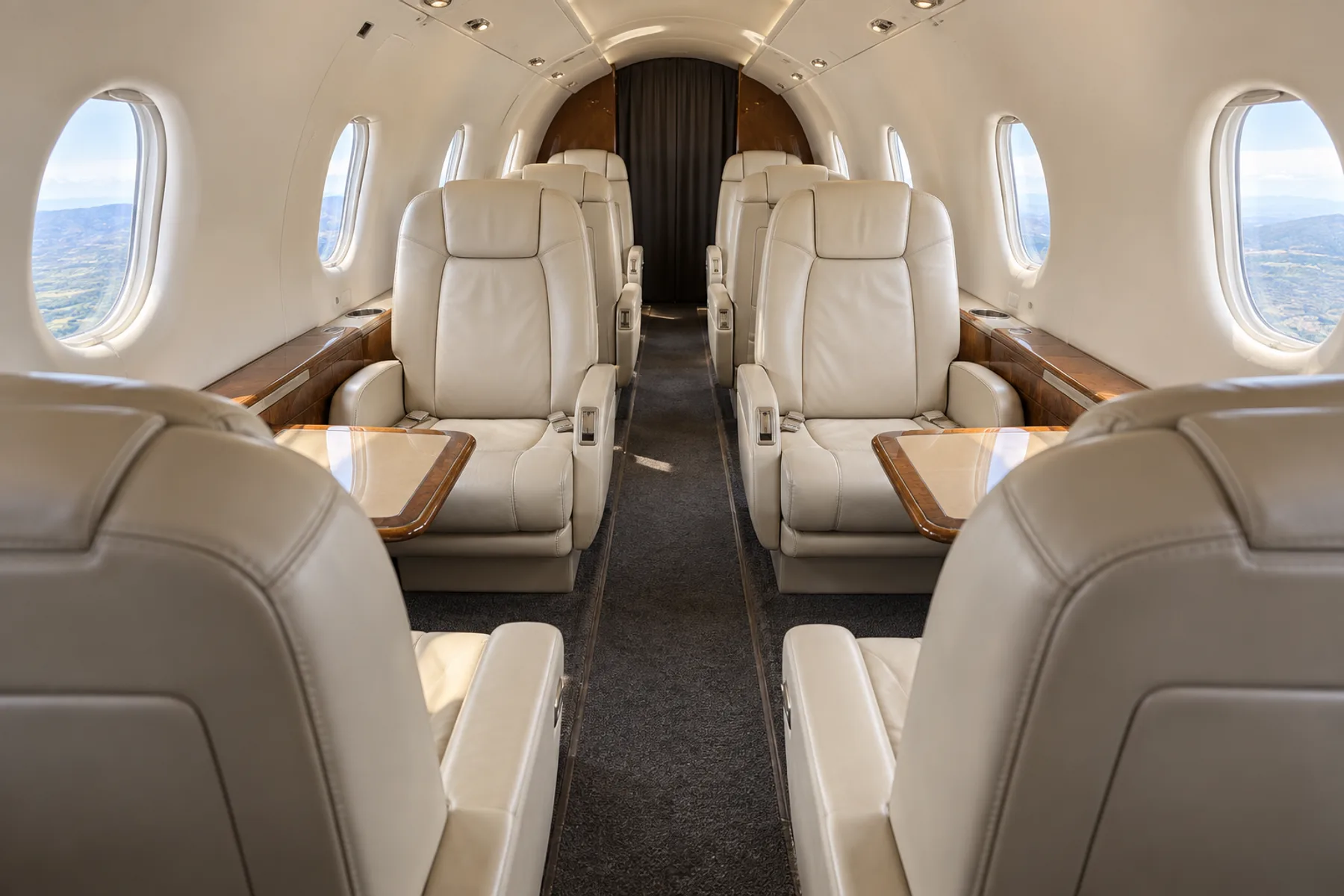 Representative PC-12/45 cabin looking aft through an eight-chair arrangement