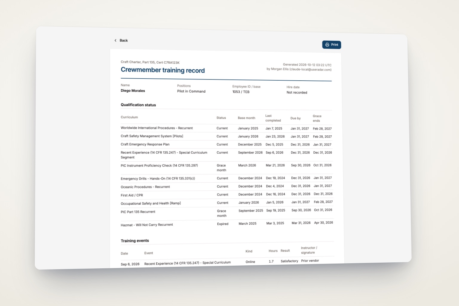 A printable Craft Charter crewmember training record from Radar Training, ready for the FAA